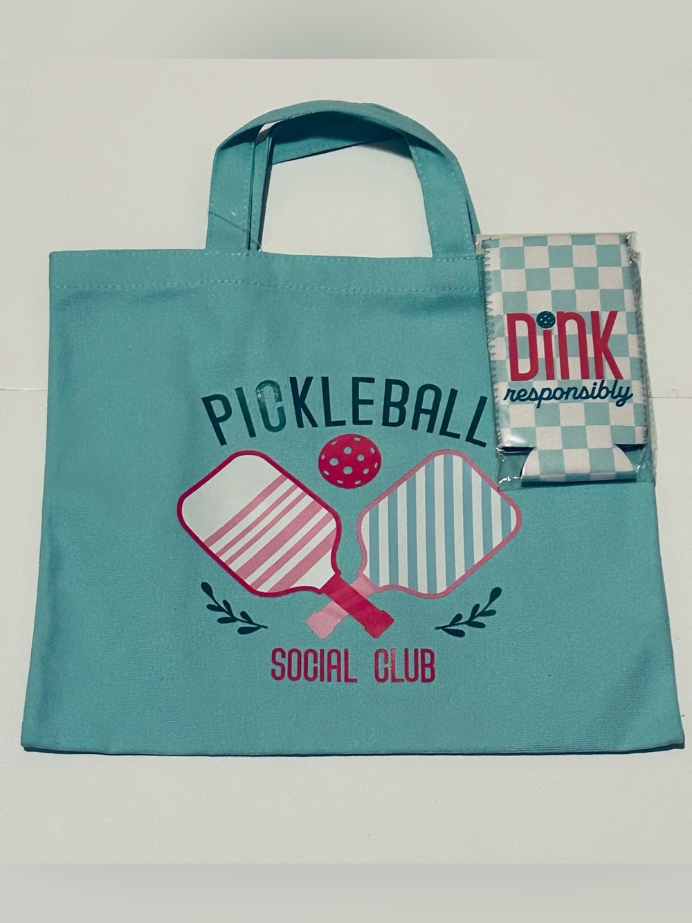 NEW! Pickleball Collection Teal Canvas Hand Tote And Koozie Can Cooler Set (NWT)